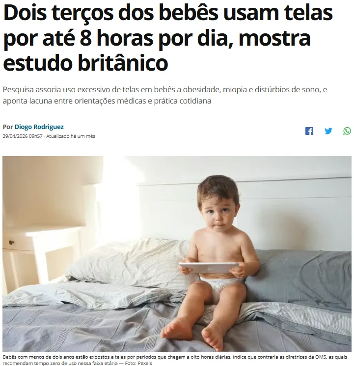 Reportagem: Dois terços dos bebês usam telas por até 8 horas por dia